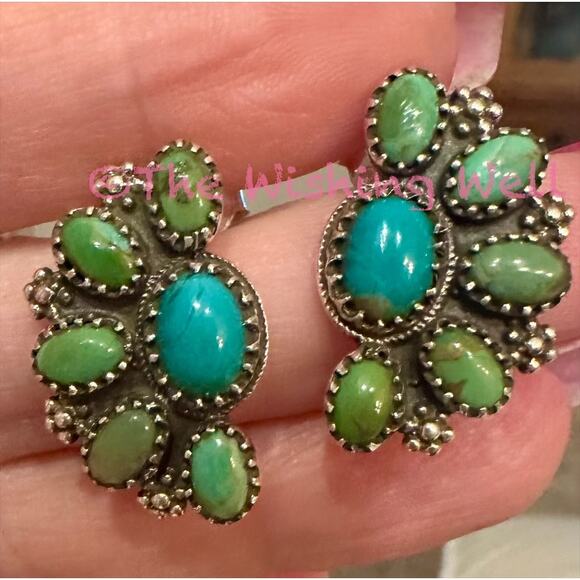 Kingman  Half Cluster Green & Blue  Turquoise
Sterling Silver Earrings - Picture 3 of 5